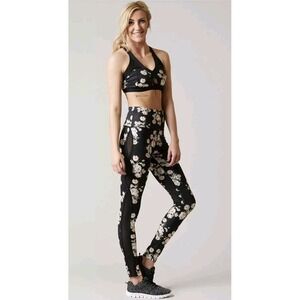 NEW Free People Liza Floral High Rise Active Pants Legging SzS‎ Black Mesh Side